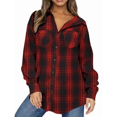 Plaid Shirt for Women Oversized Flannel Long Sleeve Shirts Casual Button Down Blouse Tops with Pockets