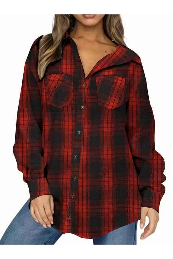 Plaid Shirt for Women Oversized Flannel Long Sleeve Shirts Casual Button Down Blouse Tops with Pockets