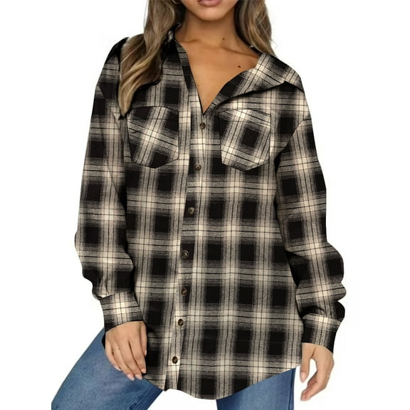 UVN Plaid Shirt for Women Oversized Flannel Long Sleeve Shirts Casual Button Down Blouse Tops with Pockets