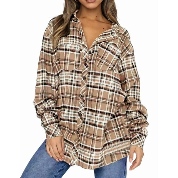 UVN Plaid Shirt for Women Oversized Flannel Long Sleeve Shirts Casual Button Down Blouse Tops with Pockets
