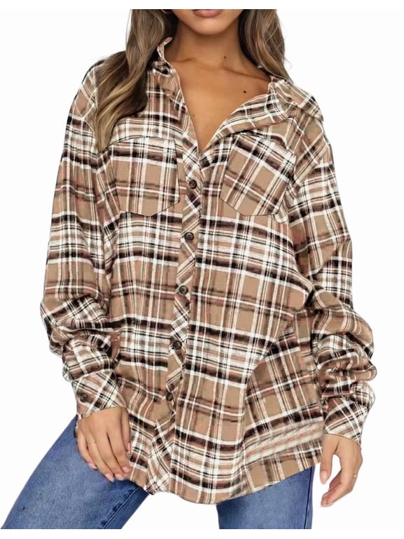Plaid Shirt for Women Oversized Flannel Long Sleeve Shirts Casual Button Down Blouse Tops with Pockets