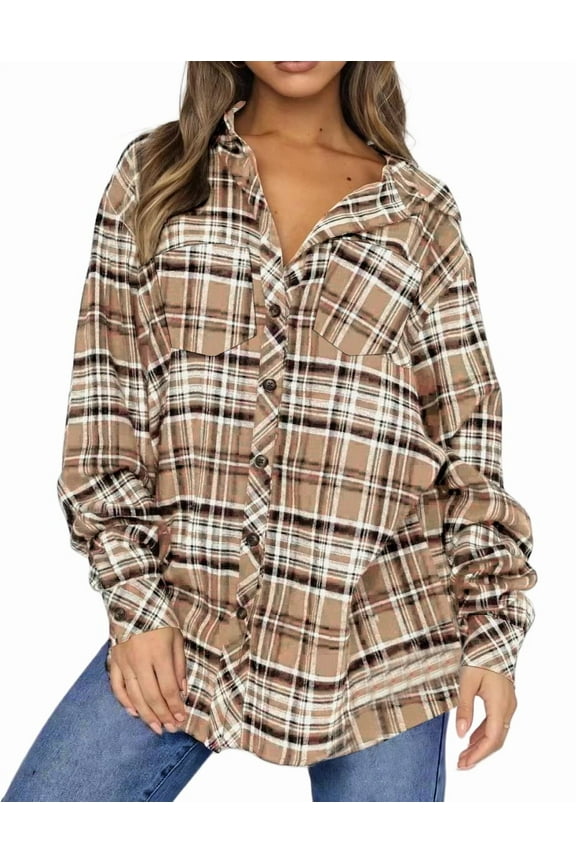 Plaid Shirt for Women Oversized Flannel Long Sleeve Shirts Casual Button Down Blouse Tops with Pockets