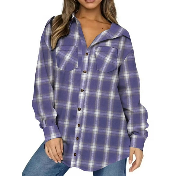 UVN Plaid Shirt for Women Oversized Flannel Long Sleeve Shirts Casual Button Down Blouse Tops with Pockets
