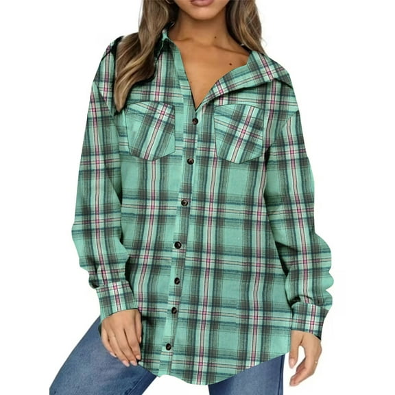 UVN Plaid Shirt for Women Oversized Flannel Long Sleeve Shirts Casual Button Down Blouse Tops with Pockets