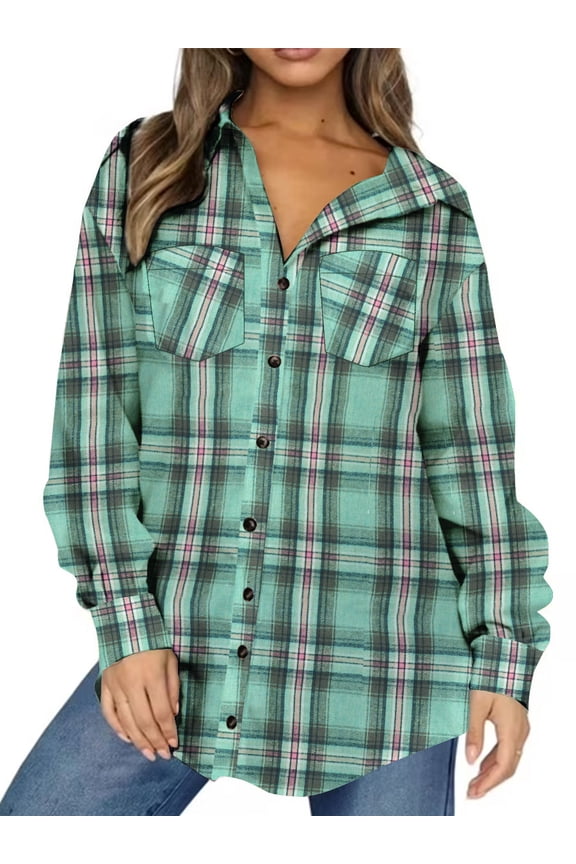 Plaid Shirt for Women Oversized Flannel Long Sleeve Shirts Casual Button Down Blouse Tops with Pockets