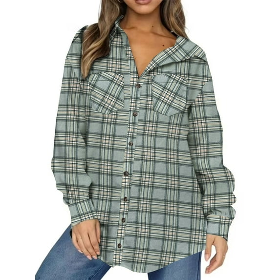 UVN Plaid Shirt for Women Oversized Flannel Long Sleeve Shirts Casual Button Down Blouse Tops with Pockets