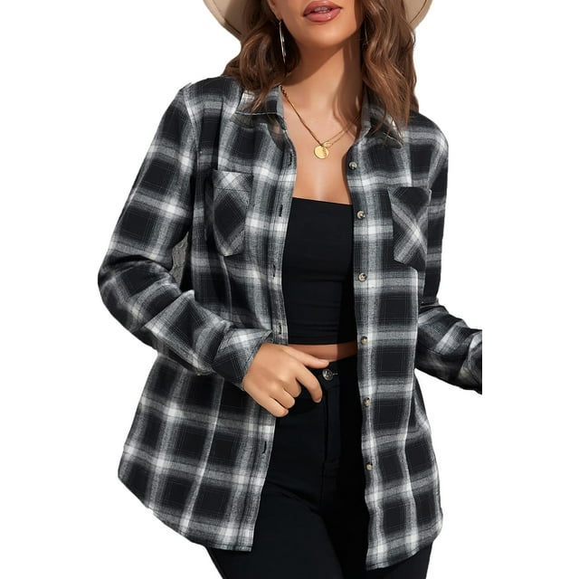 UVN Plaid Shirt for Women Oversized Flannel Long Sleeve Shirts Casual ...