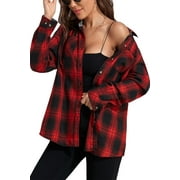 UVN Plaid Shirt for Women Oversized Flannel Long Sleeve Shirts Casual Button Down Blouse Tops with Pockets