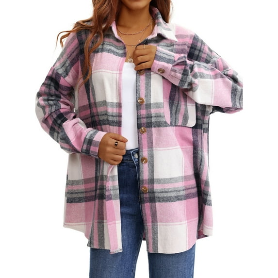 UVN Plaid Shirts for Women Flannel Long Sleeve Shacket Jacket Ladies Shirt Button Down Top Casual Coats