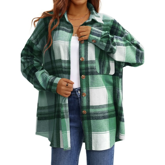UVN Plaid Shirts for Women Flannel Long Sleeve Shacket Jacket Ladies Shirt Button Down Top Casual Coats