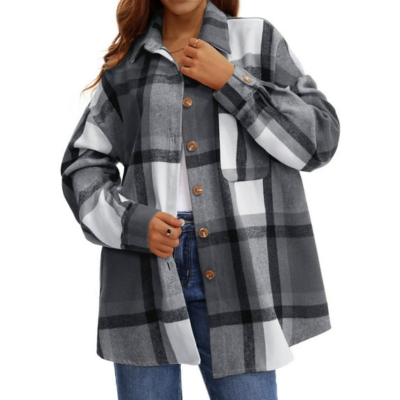UVN Plaid Shirts for Women Flannel Long Sleeve Shacket Jacket Ladies Shirt Button Down Top Casual Coats