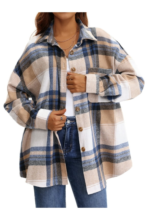 Plaid Shirts for Women Flannel Long Sleeve Shacket Jacket Ladies Shirt Button Down Top Casual Coats