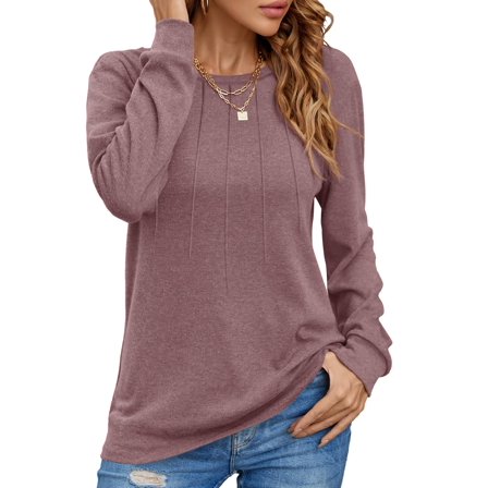 UVN Pleated Womens Blouses Crewneck Long Sleeve Shirts Casual Dressy Tunic Tops