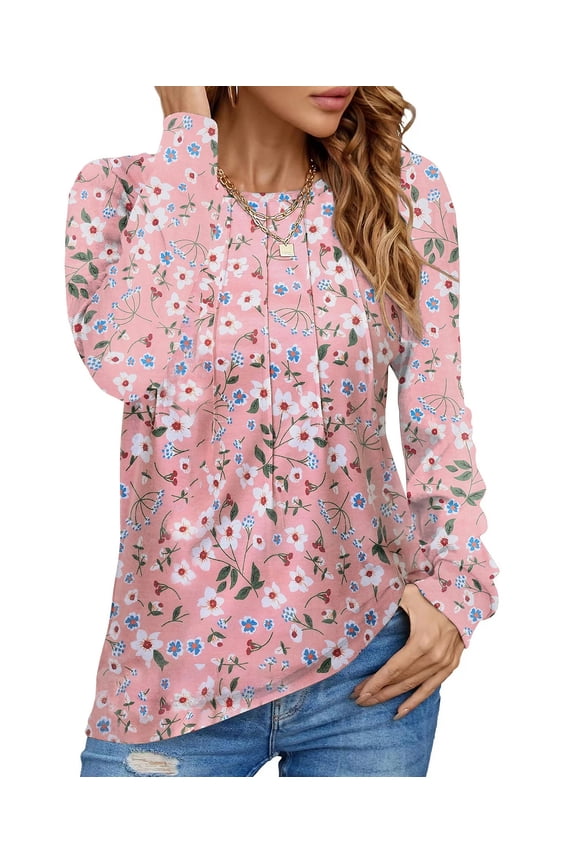 Pleated Womens Blouses Crewneck Long Sleeve Shirts Casual Dressy Tunic Tops