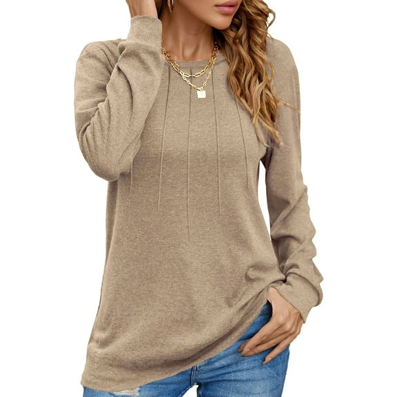 UVN Pleated Womens Blouses Crewneck Long Sleeve Shirts Casual Dressy Tunic Tops