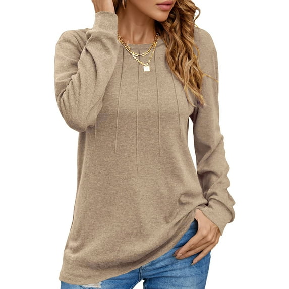 UVN Pleated Womens Blouses Crewneck Long Sleeve Shirts Casual Dressy Tunic Tops