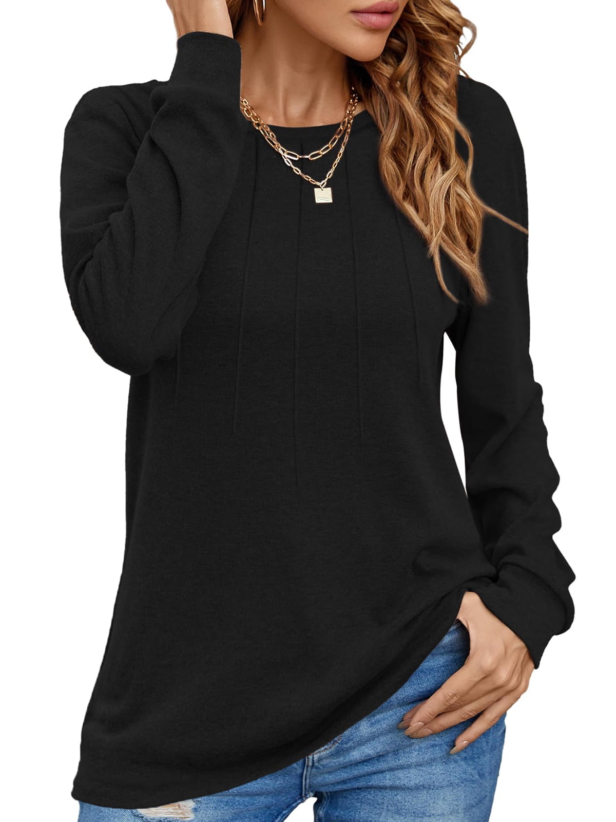 Large BETTE BOUTIK Woens Suer Tops Pleated Crewneck Corded Short