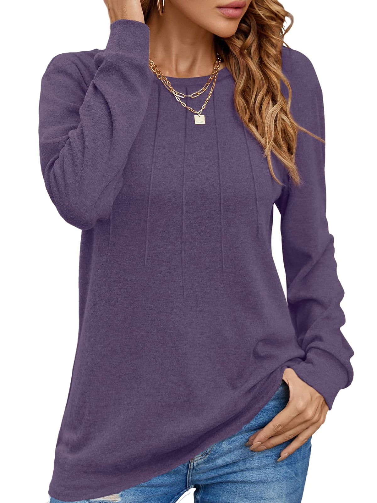 Pleated Womens Blouses Crewneck Long Sleeve Shirts Casual Dressy Tunic Tops