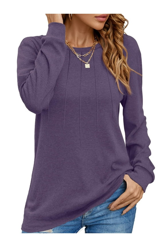 Pleated Womens Blouses Crewneck Long Sleeve Shirts Casual Dressy Tunic Tops