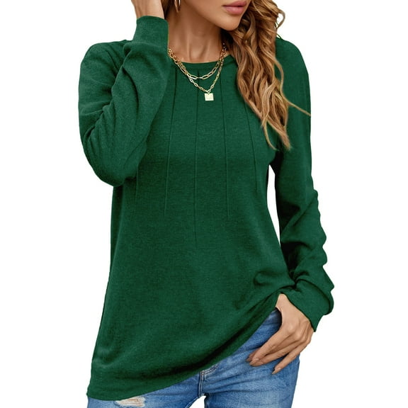 UVN Pleated Womens Blouses Crewneck Long Sleeve Shirts Casual Dressy Tunic Tops