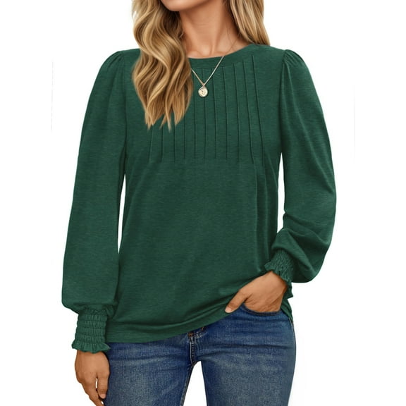 UVN Plus Size Tops for Women Pleated Long Sleeve Shirts Dressy Casual Crewneck Fall Blouses