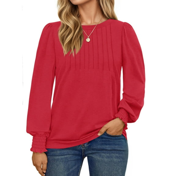 UVN Plus Size Tops for Women Pleated Long Sleeve Shirts Dressy Casual Crewneck Fall Blouses