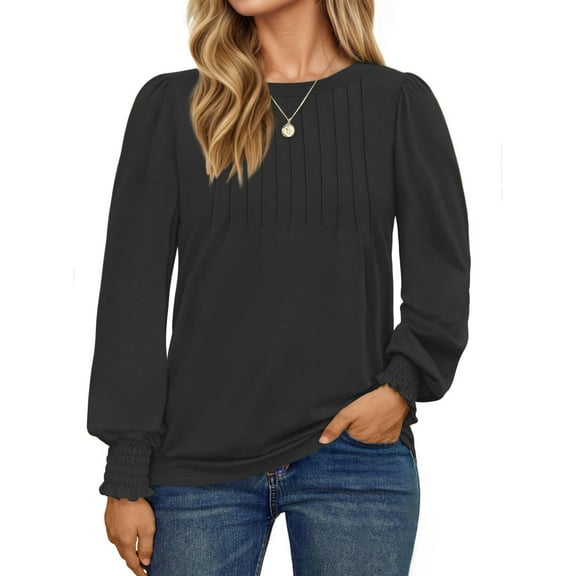 UVN Plus Size Tops for Women Pleated Long Sleeve Shirts Dressy Casual Crewneck Fall Blouses