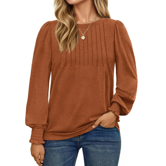UVN Plus Size Tops for Women Pleated Long Sleeve Shirts Dressy Casual Crewneck Fall Blouses