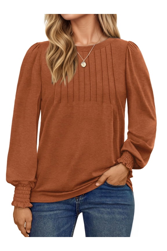 Plus Size Tops for Women Pleated Long Sleeve Shirts Dressy Casual Crewneck Fall Blouses