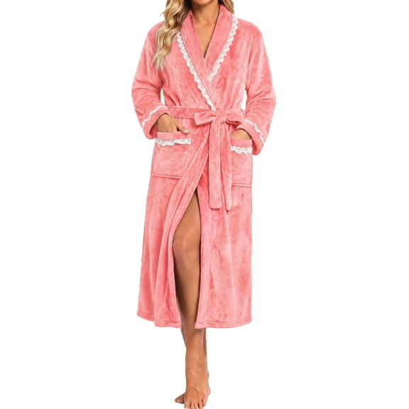 UVN Robes for Women Lace Long Sleeve Kimono Bathrobe Winter Fleece Wrap Long Robe Soft Warm Sleepwear with Pockets