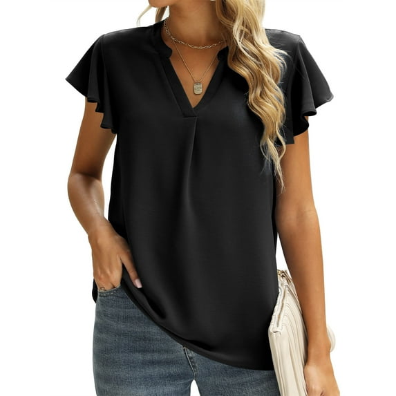 UVN Ruffle Blouses for Women Summer Casual Chiffon Shirts V Neck Loose Short Sleeve Tunic Tops