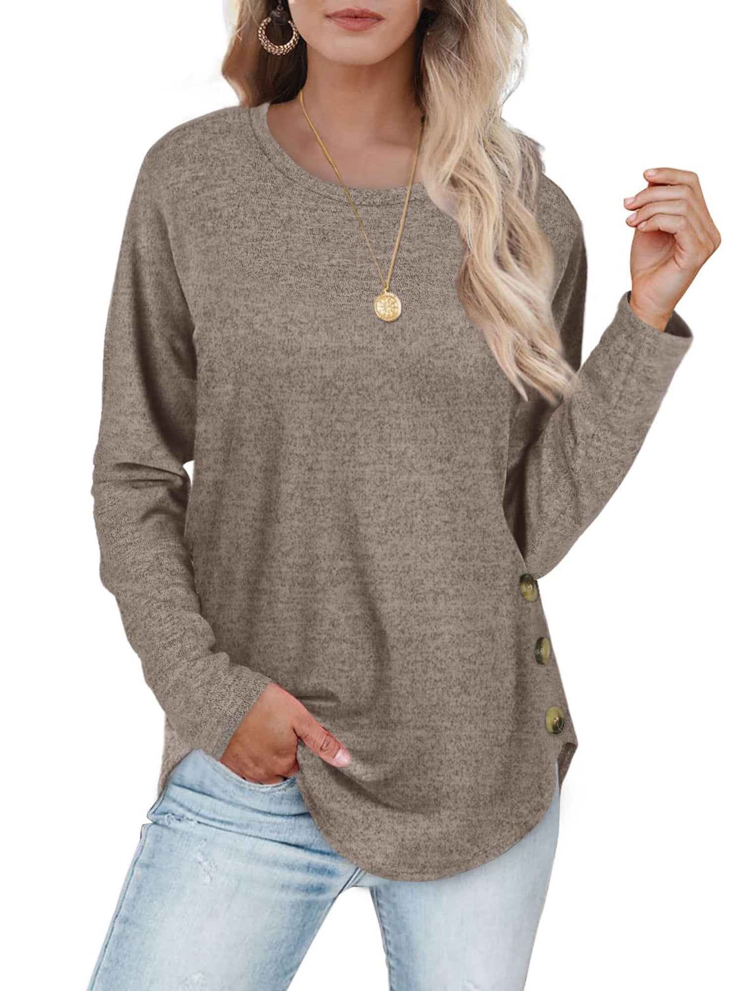 UVN Shirts for Women Crewneck Long Sleeve Tops with Side Buttons Casual ...