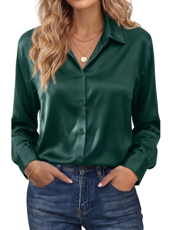 Blouses for Women Long Sleeve Satin Shirts Button Down Ladies Casual Top