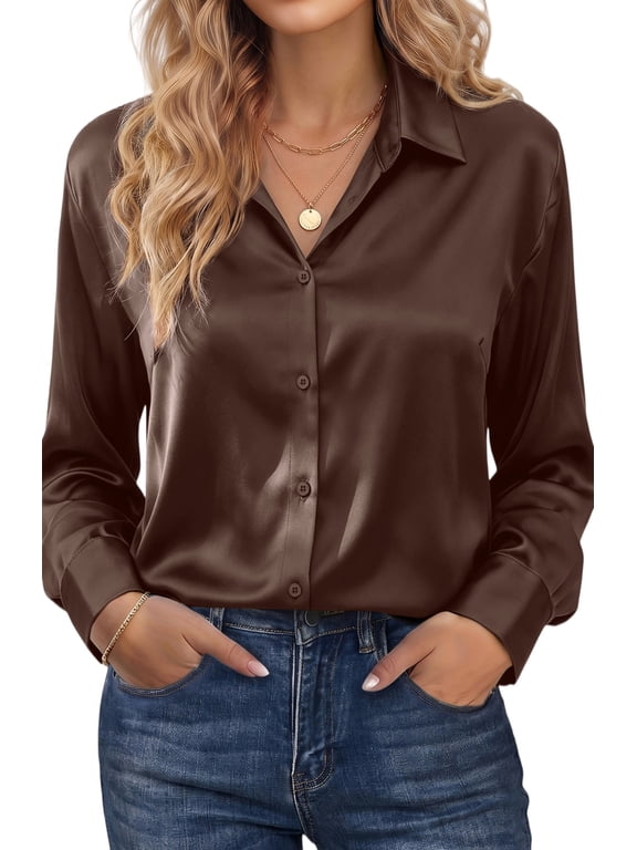 Blouses for Women Long Sleeve Satin Shirts Button Down Ladies Casual Top