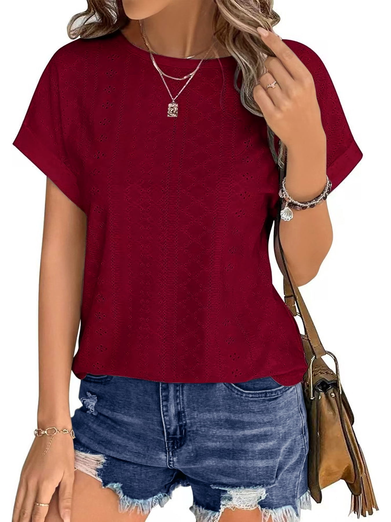 UVN T Shirts for Women Summer Short Sleeve Eyelet Tops Dressy Casual ...