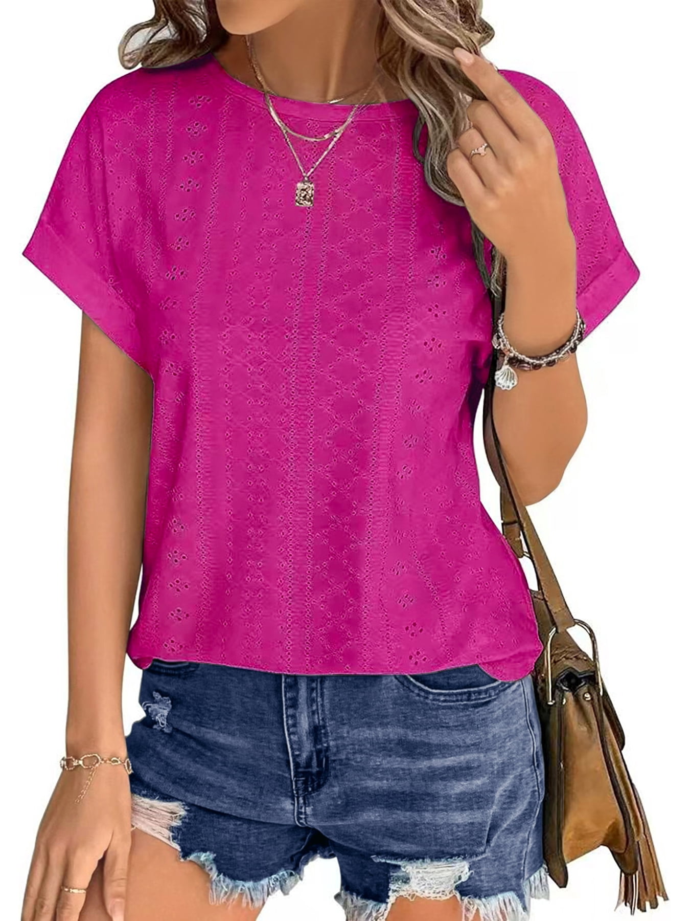 UVN Shirts for Women Summer Short Sleeve Eyelet Tops Dressy Casual ...