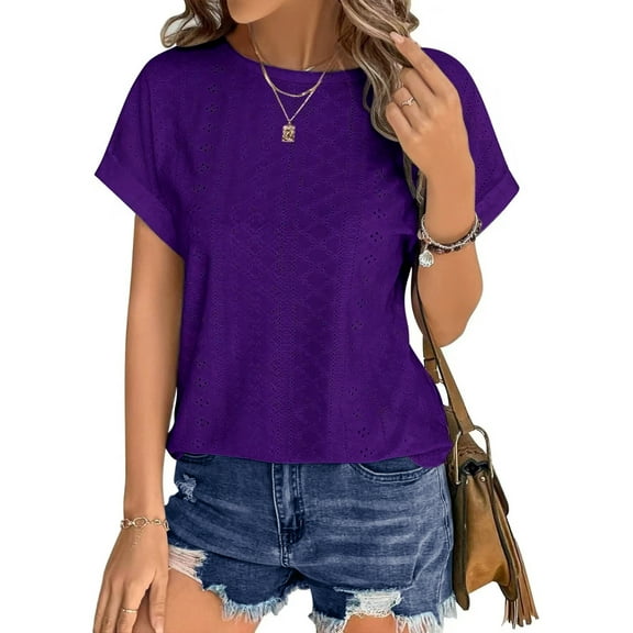UVN T Shirts for Women Summer Short Sleeve Eyelet Tops Dressy Casual Crewneck Blouses