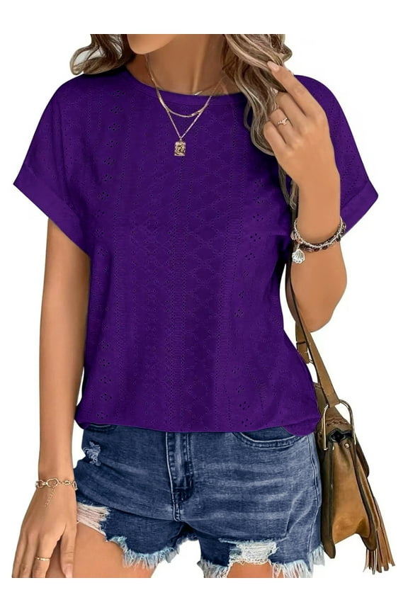 T Shirts for Women Summer Short Sleeve Eyelet Tops Dressy Casual Crewneck Blouses