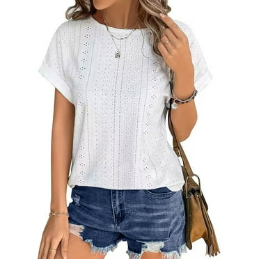 UVN Shirts for Women Summer Short Sleeve Eyelet Tops Dressy Casual Crewneck Blouses