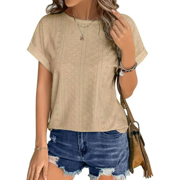 UVN T Shirts for Women Summer Short Sleeve Eyelet Tops Dressy Casual Crewneck Blouses