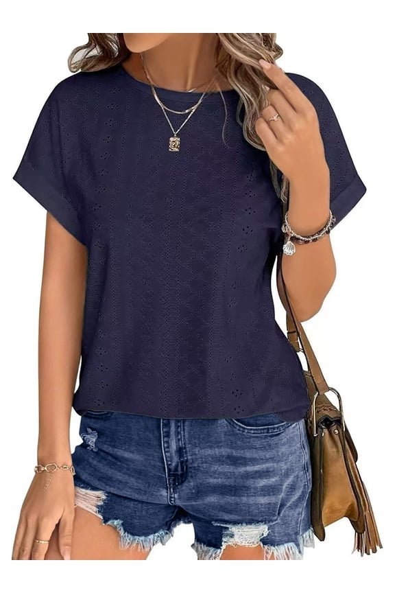 T Shirts for Women Summer Short Sleeve Eyelet Tops Dressy Casual Crewneck Blouses