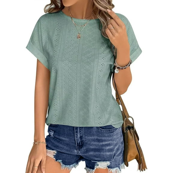 UVN T Shirts for Women Summer Short Sleeve Eyelet Tops Dressy Casual Crewneck Blouses