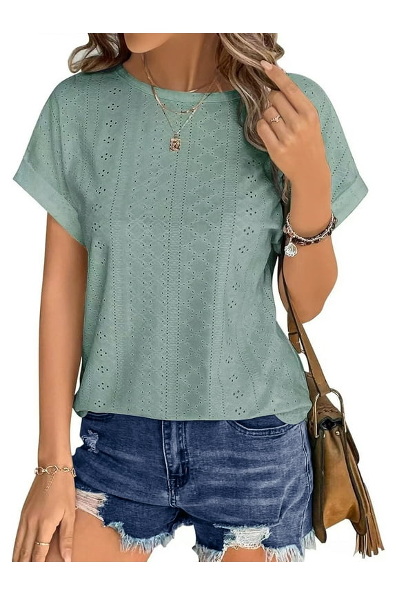 T Shirts for Women Summer Short Sleeve Eyelet Tops Dressy Casual Crewneck Blouses