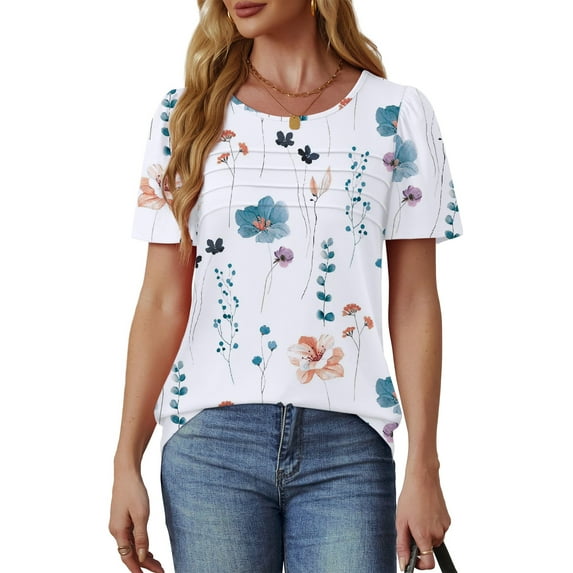 UVN Short Sleeve Blouse for Women Summer Dressy Casual Crewneck Shirt Pleated Tunic Tops