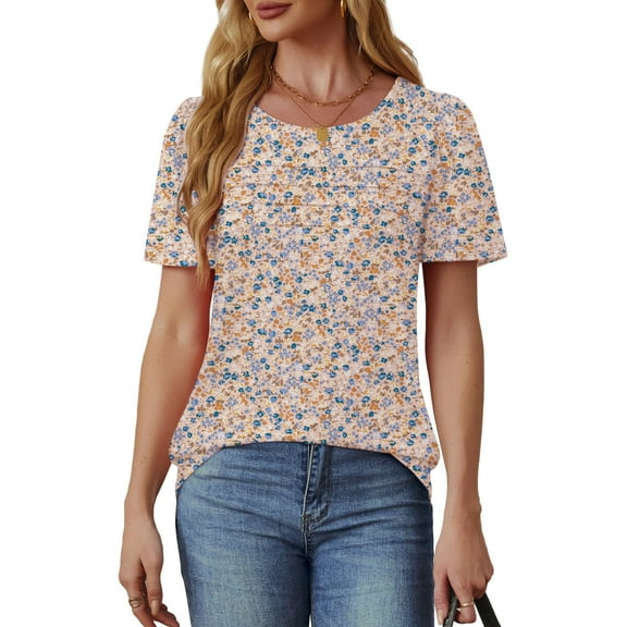 UVN Short Sleeve Blouse for Women Summer Dressy Casual Crewneck Shirt Pleated Tunic Tops