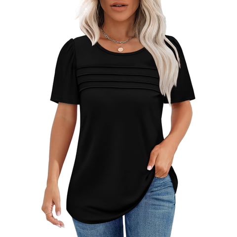 Short Sleeve Blouse for Women Summer Dressy Casual Crewneck Shirt Pleated Tunic Tops