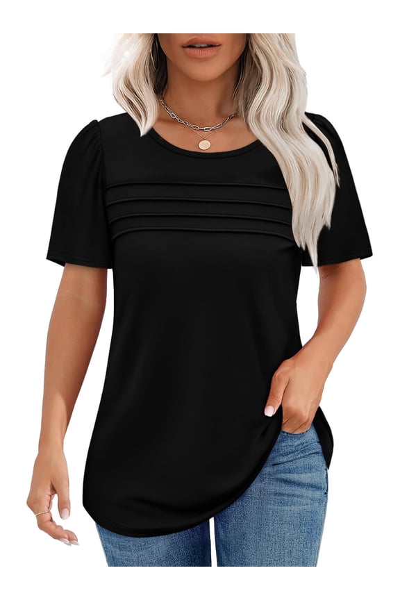 Short Sleeve Blouse for Women Summer Dressy Casual Crewneck Shirt Pleated Tunic Tops