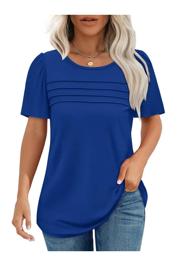 Short Sleeve Blouse for Women Summer Dressy Casual Crewneck Shirt Pleated Tunic Tops
