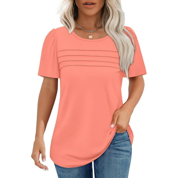 UVN Short Sleeve Blouse for Women Summer Dressy Casual Crewneck Shirt Pleated Tunic Tops
