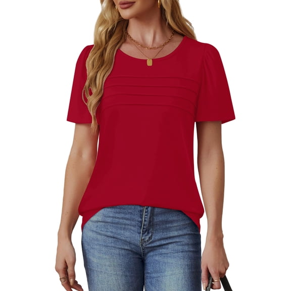 UVN Short Sleeve Blouse for Women Summer Dressy Casual Crewneck Shirt Pleated Tunic Tops